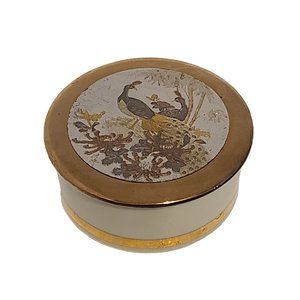 The Art of Chokin Trinket Box Peacocks 24 KT Gold Trim Dish Japanese Vintage
